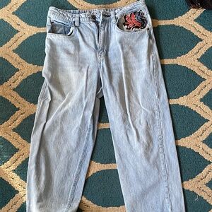 Men's Light Blue Relaxed Jeans with Embroidered Accent
